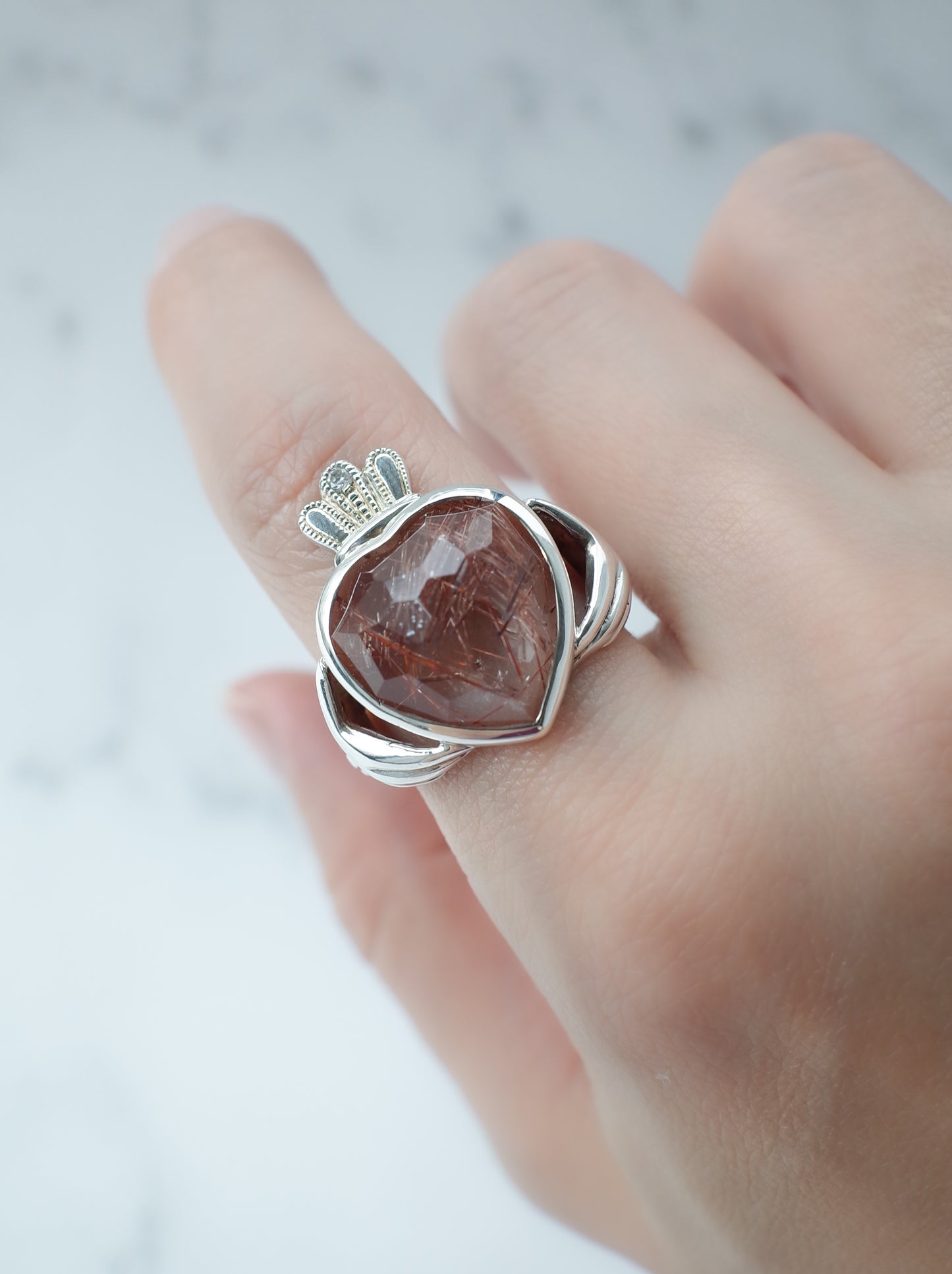Red Rutilated Quartz Claddagh Ring