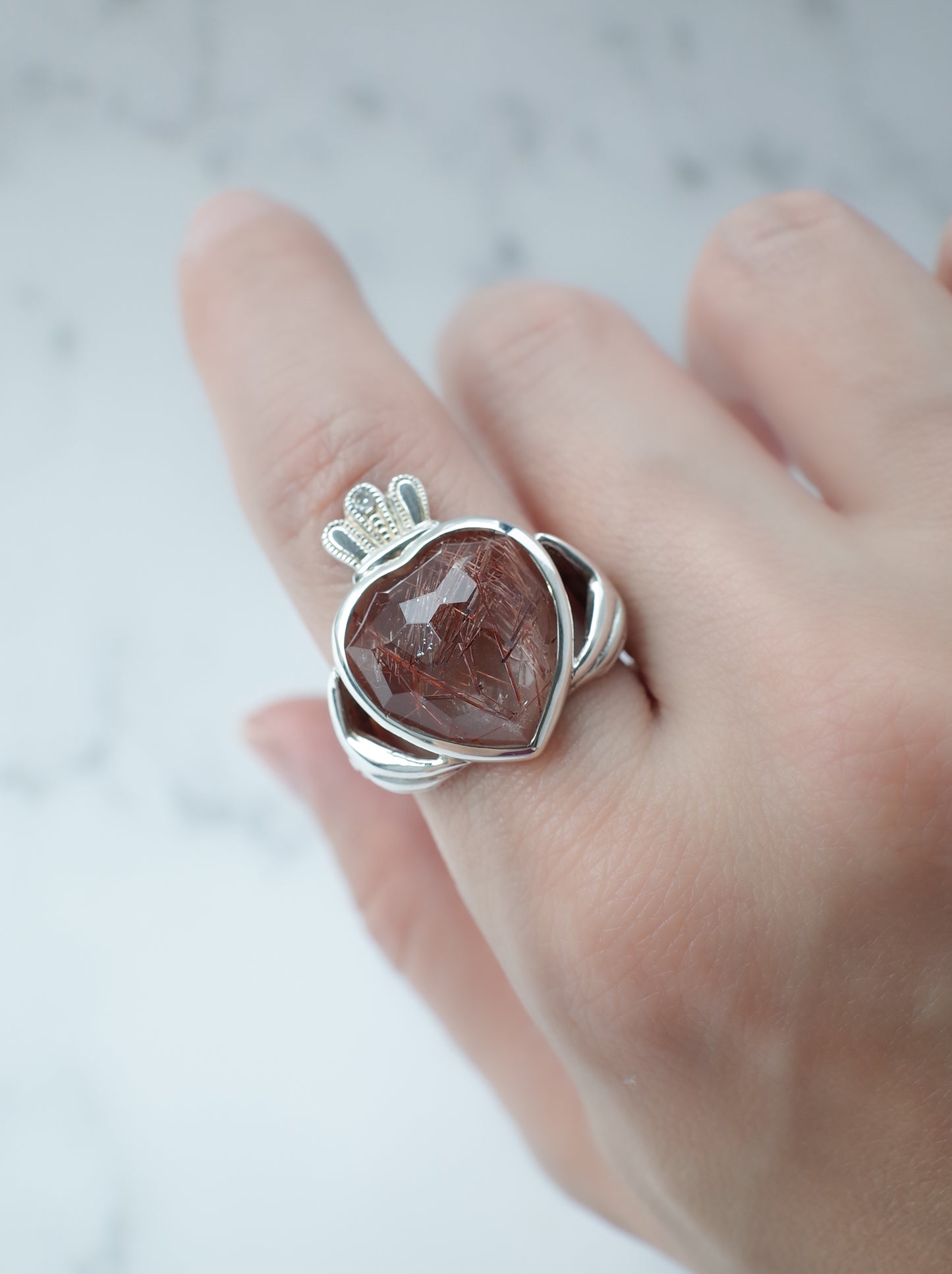Red Rutilated Quartz Claddagh Ring