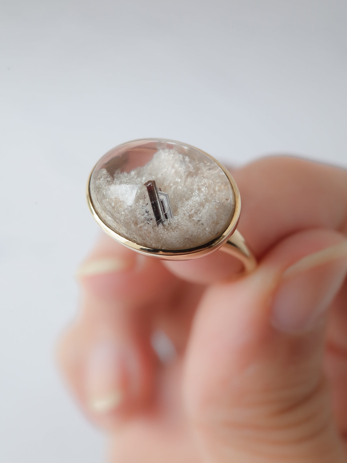 Rutile Crystal in White Garden Quartz Ring