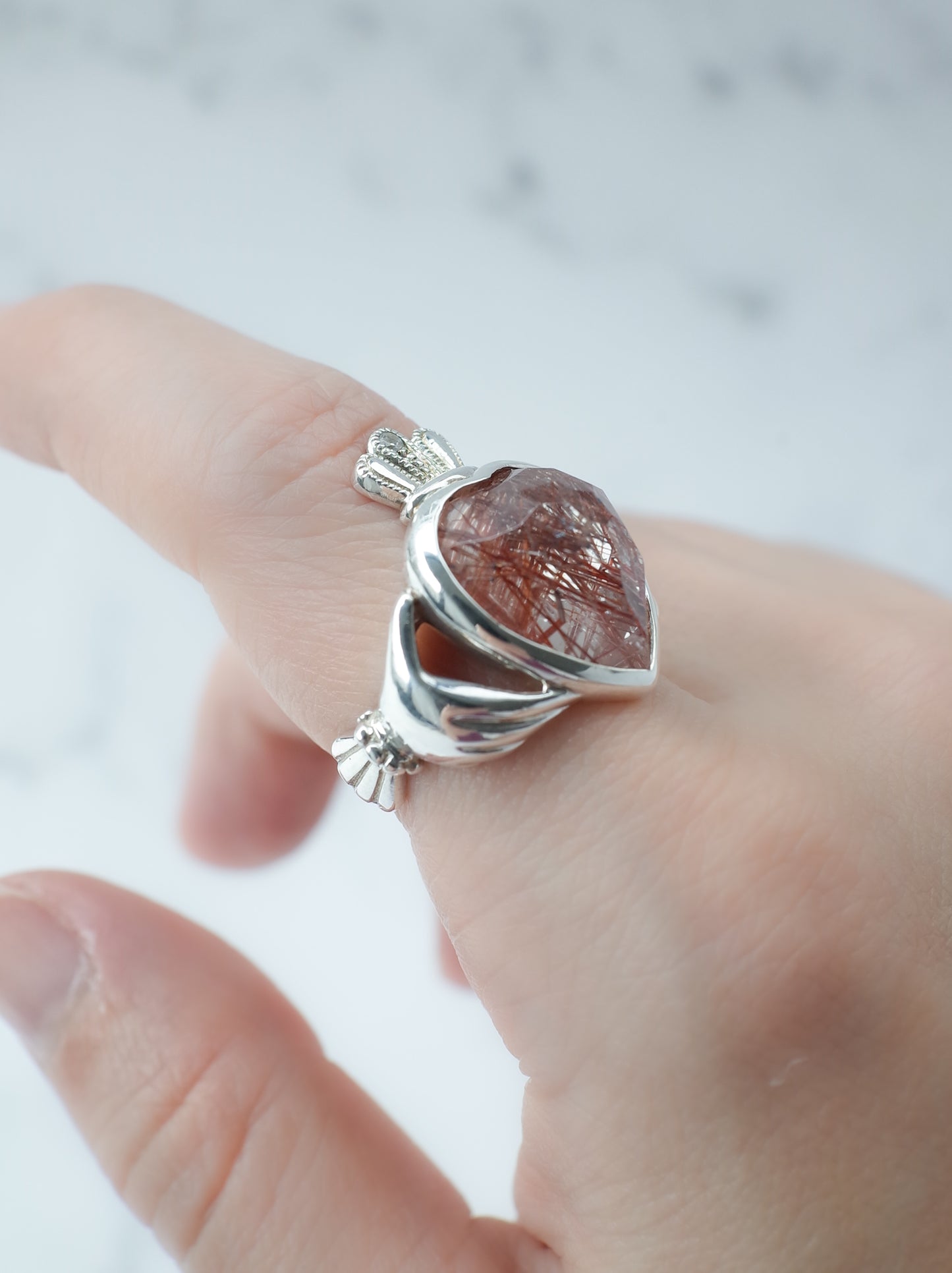 Red Rutilated Quartz Claddagh Ring
