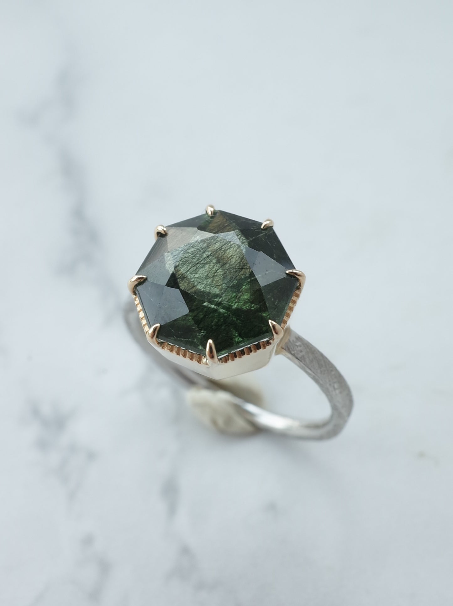 Ludwigite in Peridot Ring - 1