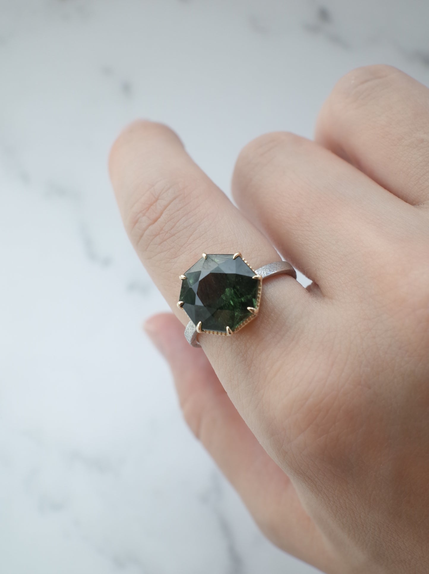 Ludwigite in Peridot Ring - 1