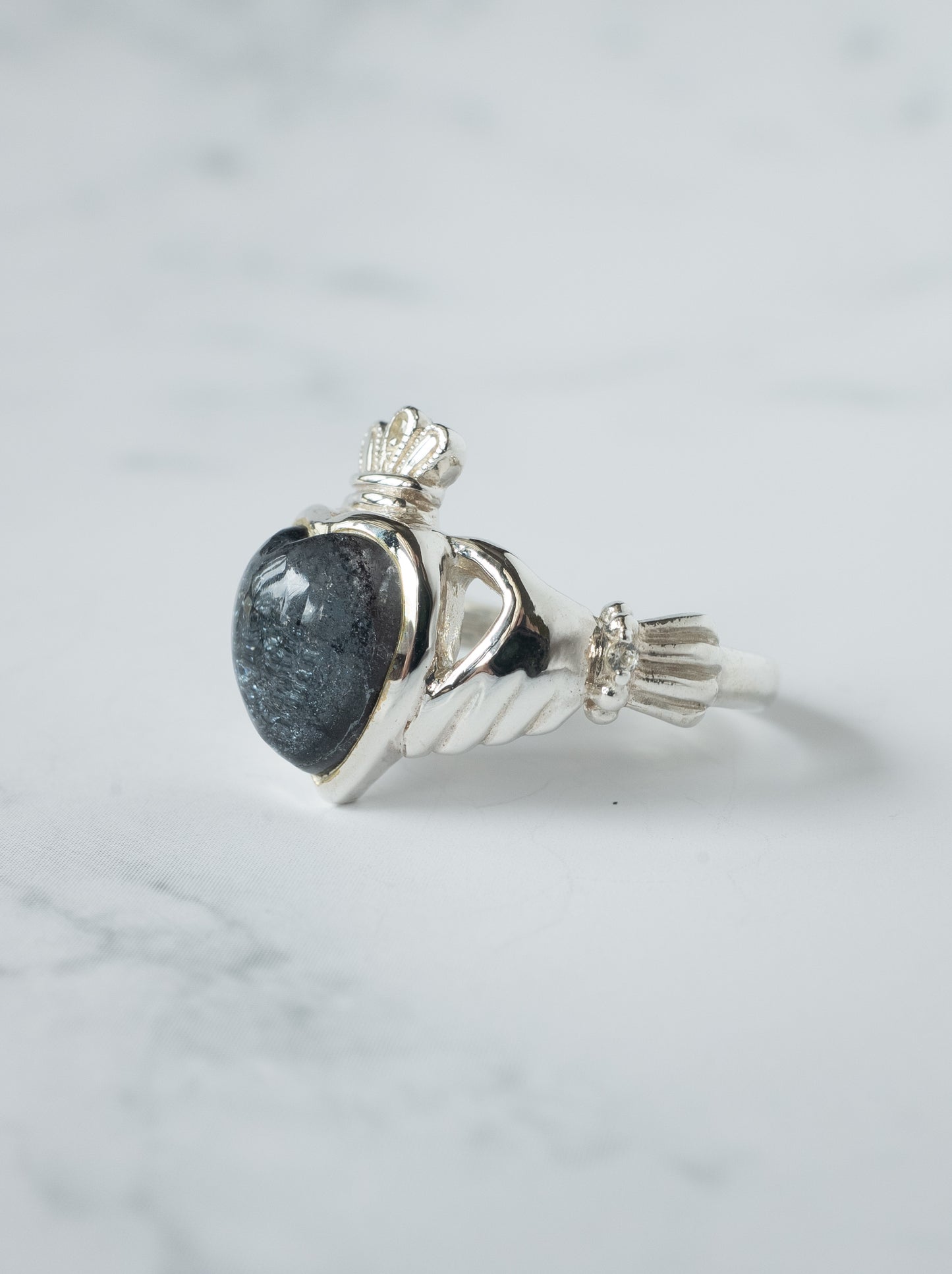 Hematite in Quartz Claddagh Ring