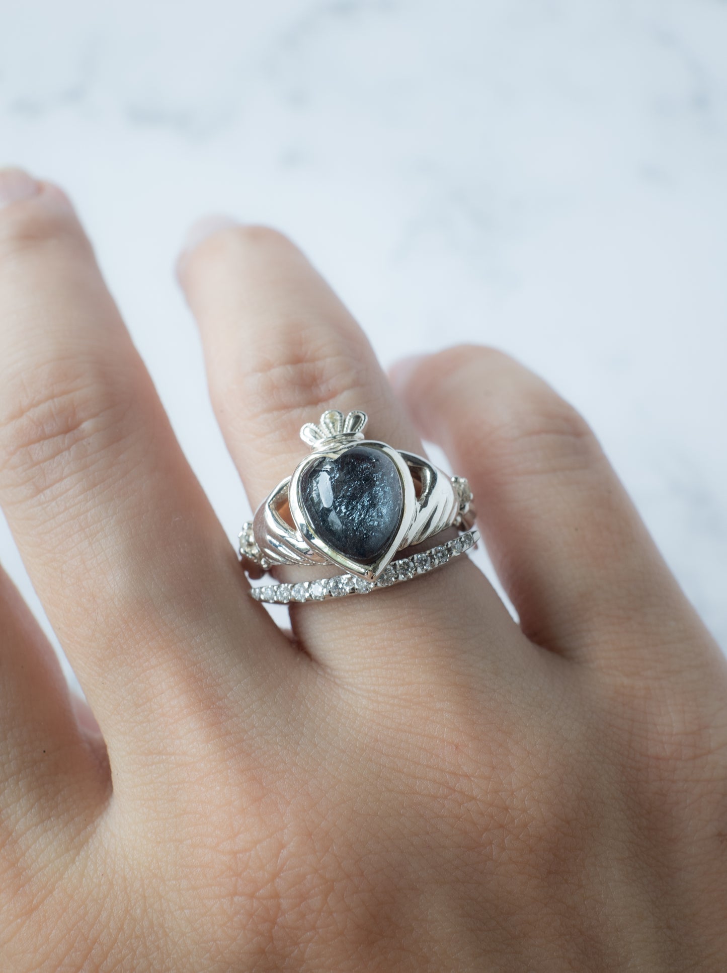 Hematite in Quartz Claddagh Ring