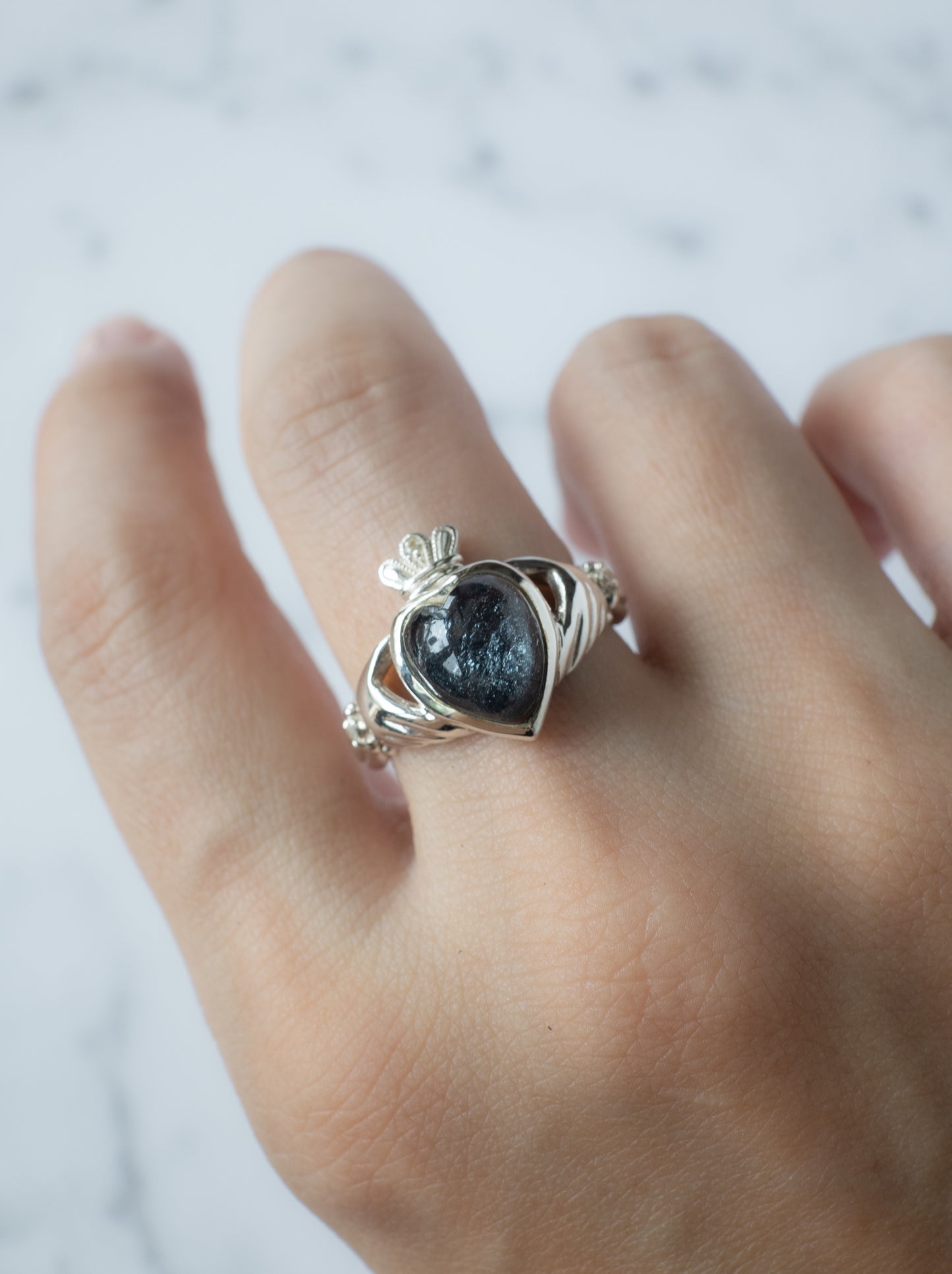 Hematite in Quartz Claddagh Ring