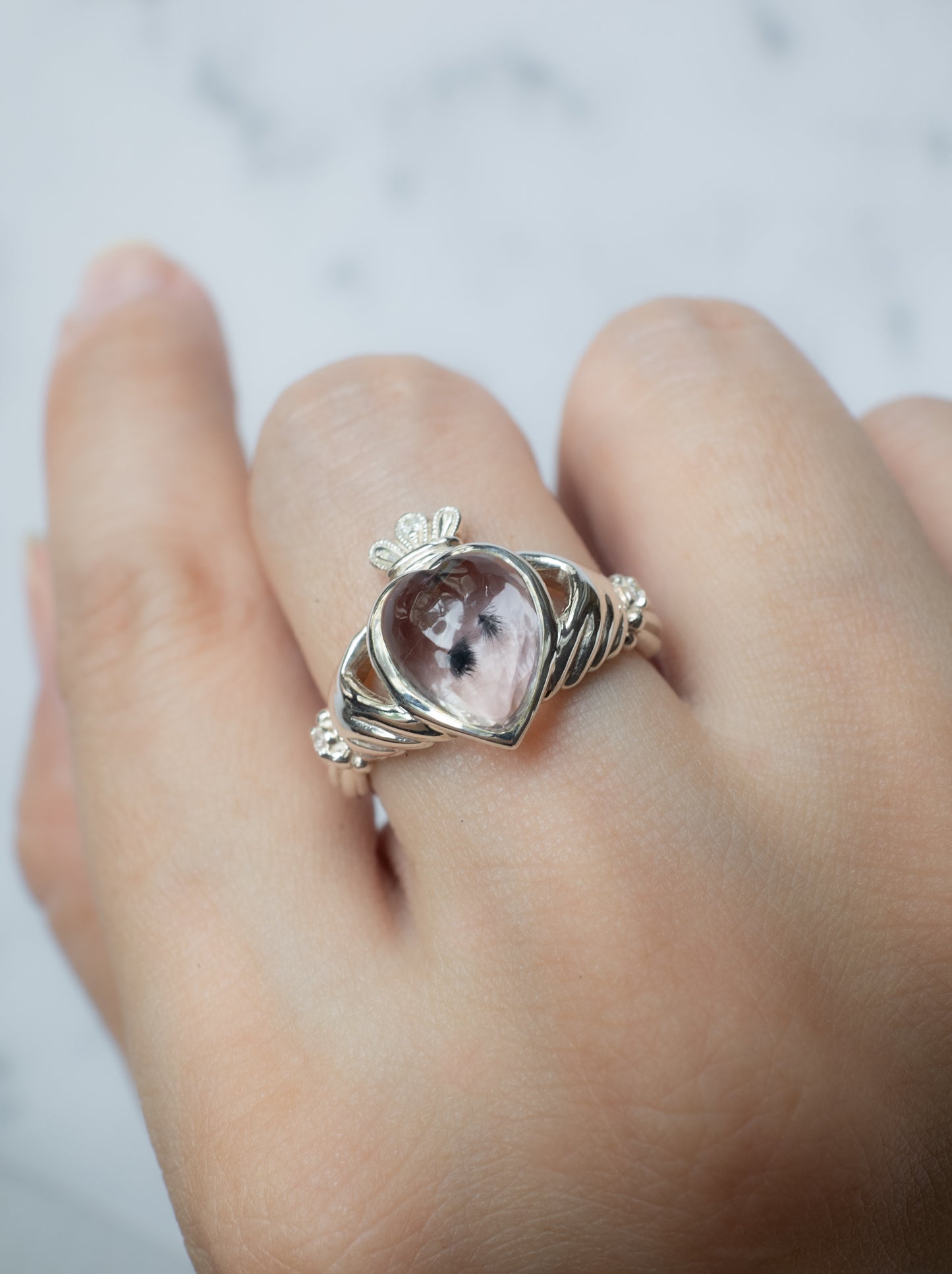 Hollandite in Quartz Claddagh Ring