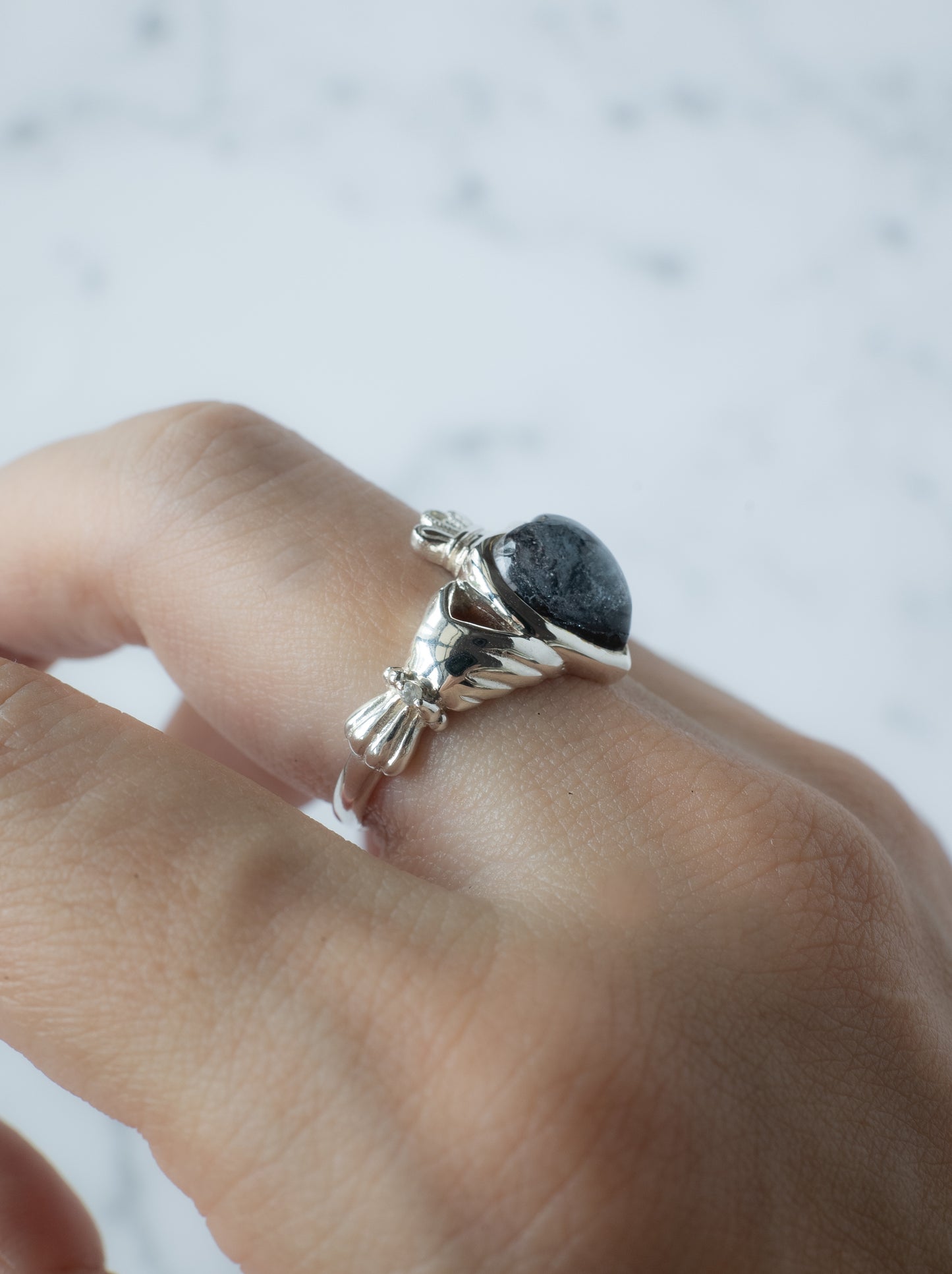 Hematite in Quartz Claddagh Ring