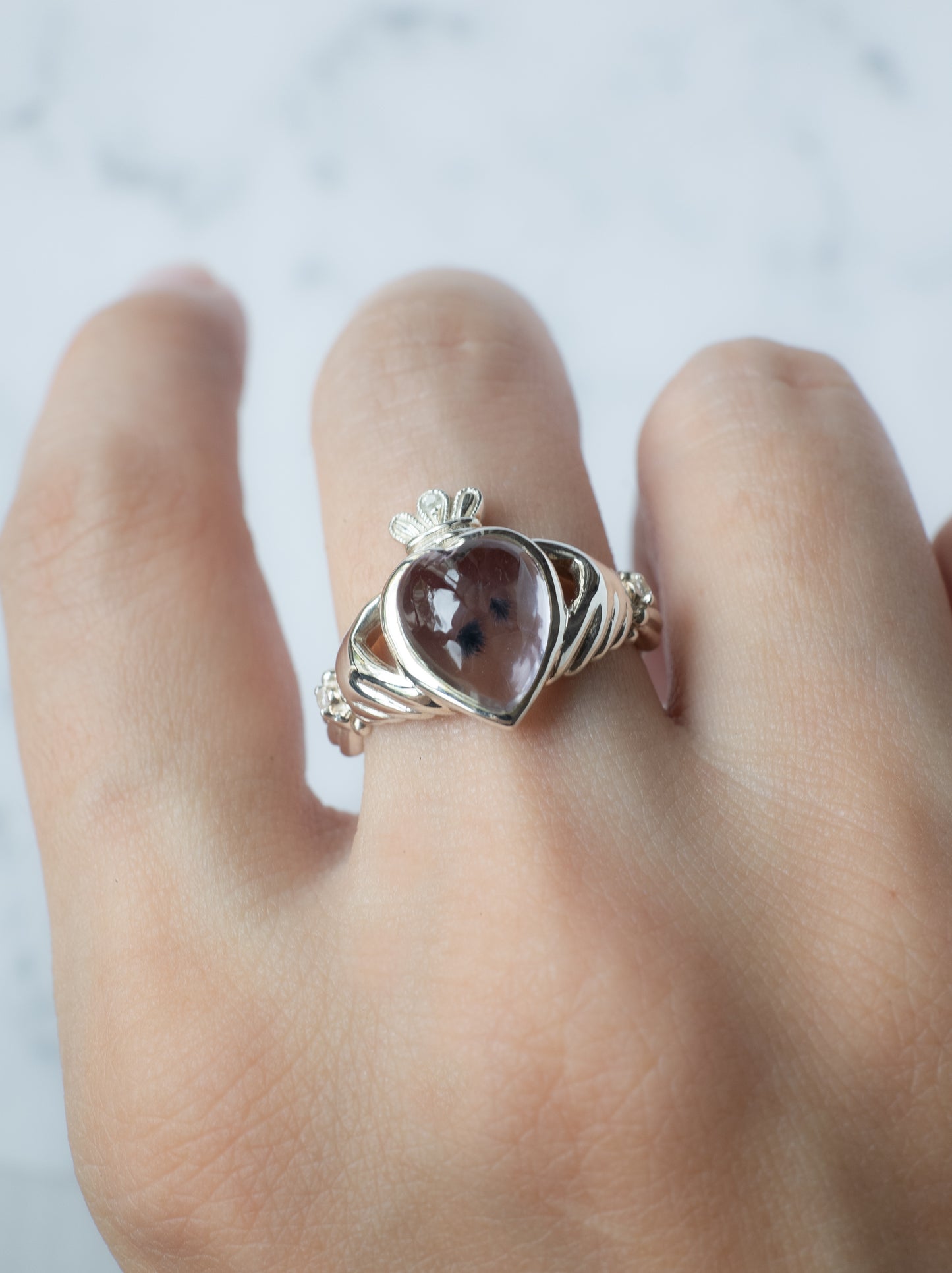 Hollandite in Quartz Claddagh Ring